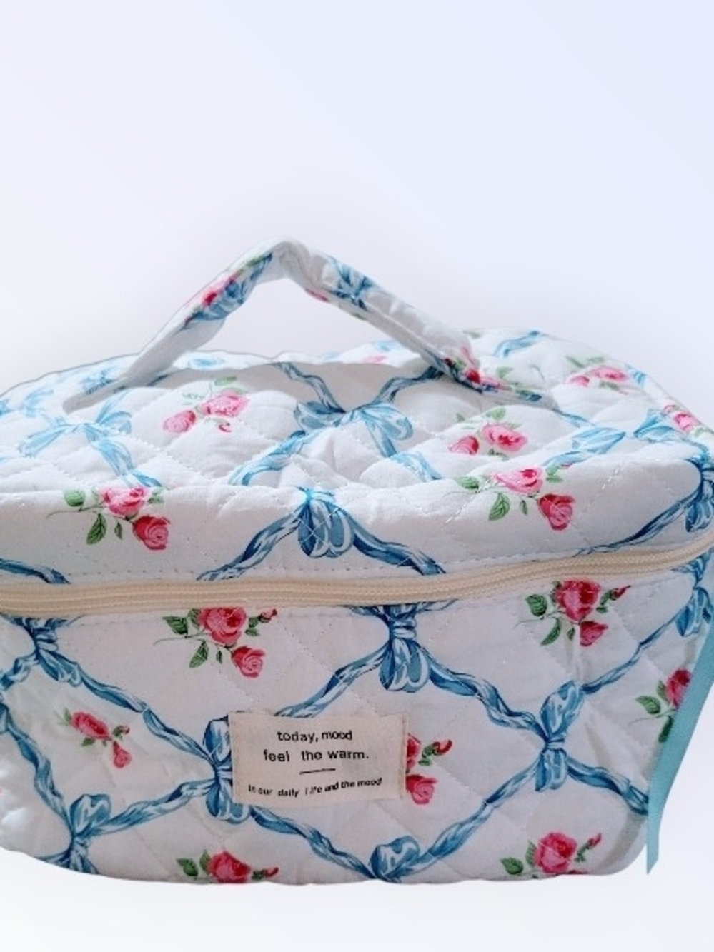 Quilted Floral Cosmetic Bag in White with Pink Roses & Blue Bows